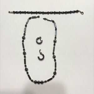 Women Hematite Style Beaded Necklace Beaded Bracelet and Small Clip on Earrings